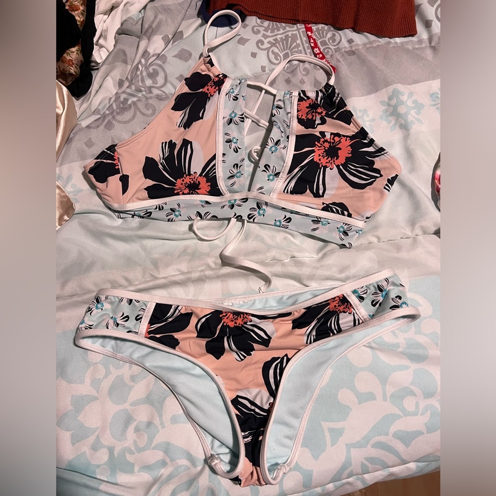Floral Bikini Set with Black and Pink Accents